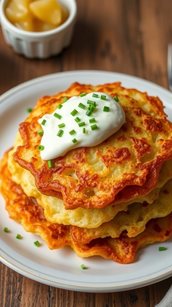 A stack of crispy potato pancakes with sour cream and chives on a rustic table.